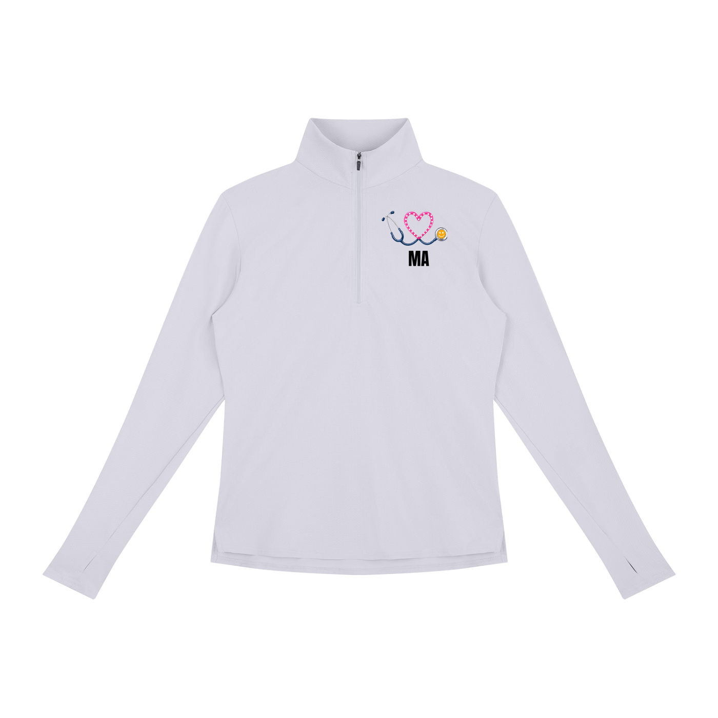 NURSE-MA-PINK HEART PULLOVER-MA logo Women's Quarter-Zip Yoga Pullover add some warmth to your scrubs. 4 colors-4 sizes in this light weight pullover to wear on those days you just need a little style while you work.
