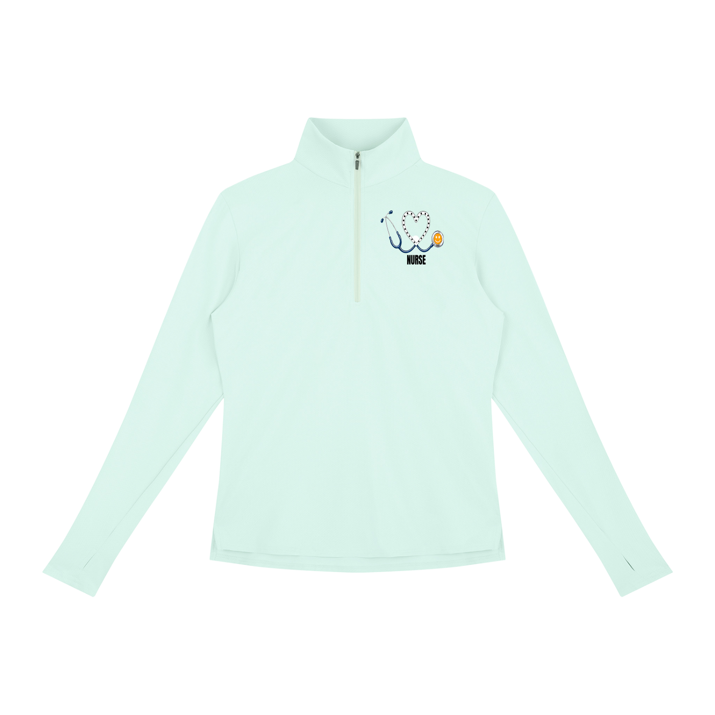 NURSE WHITE HEART PULLOVER-NURSE logo Women's Quarter-Zip Yoga Pullover add some warmth to your scrubs. 4 colors-4 sizes in this light weight pullover to wear on those days you just need a little style while you work.