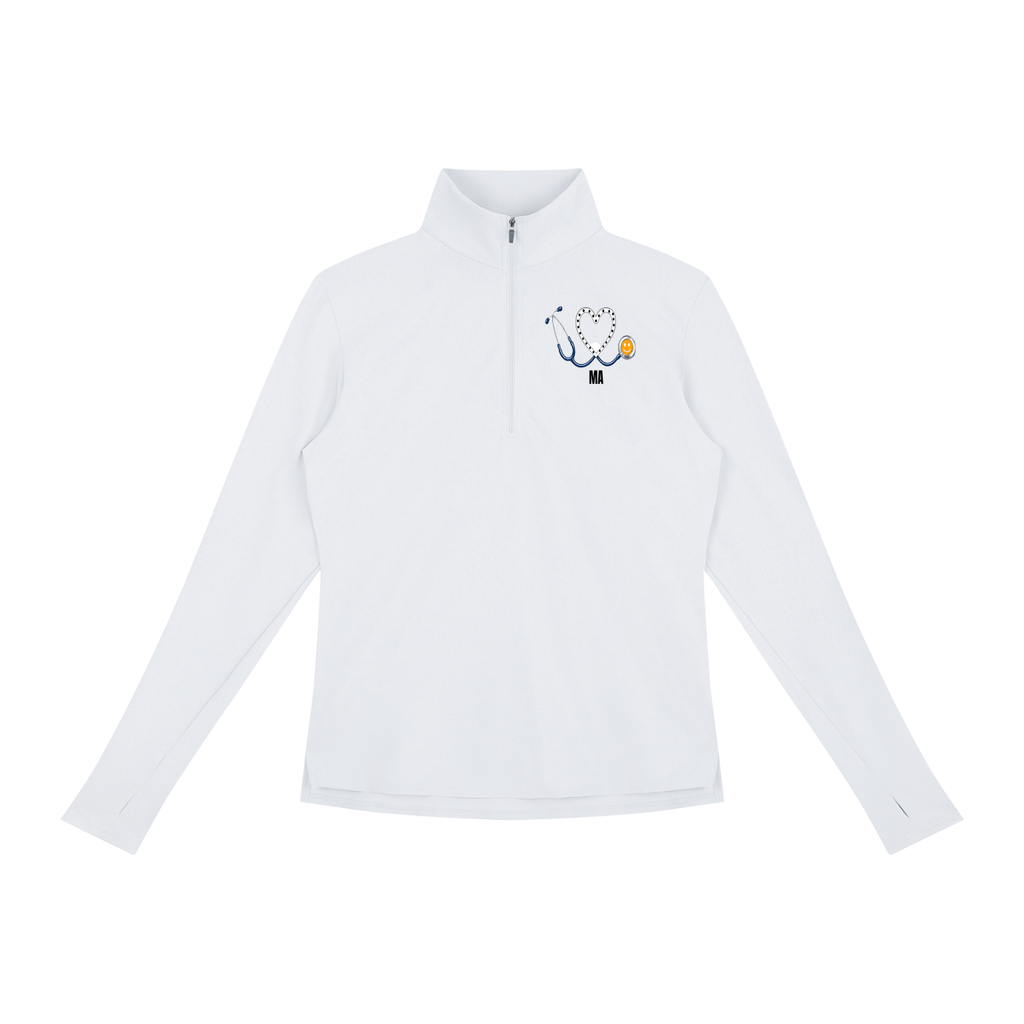 NURSE-MA-WHITE HEART PULLOVER-MA logo Women's Quarter-Zip Yoga Pullover add some warmth to your scrubs. 4 colors-4 sizes in this light weight pullover to wear on those days you just need a little style while you work.