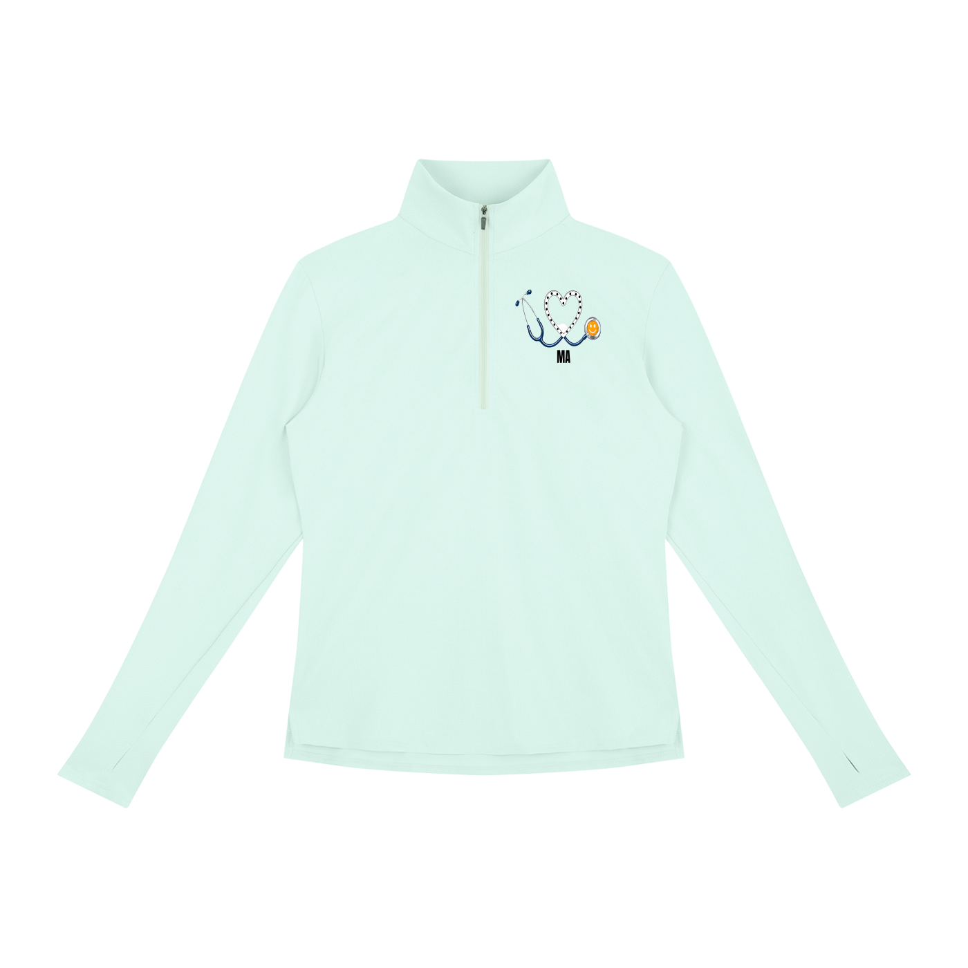 NURSE-MA-WHITE HEART PULLOVER-MA logo Women's Quarter-Zip Yoga Pullover add some warmth to your scrubs. 4 colors-4 sizes in this light weight pullover to wear on those days you just need a little style while you work.