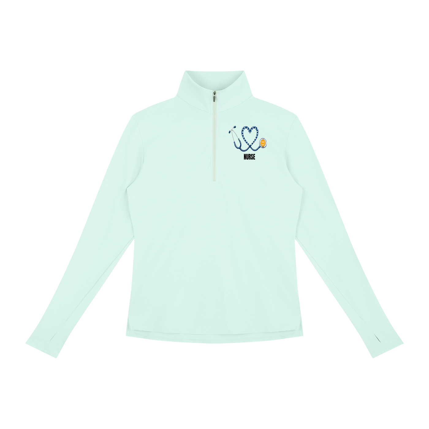 NURSE-BLUE HEART PULLOVER-NURSE logo Women's Quarter-Zip Yoga Pullover add some warmth to your scrubs. 4 colors-4 sizes in this light weight pullover to wear on those days you just need a little style while you work.