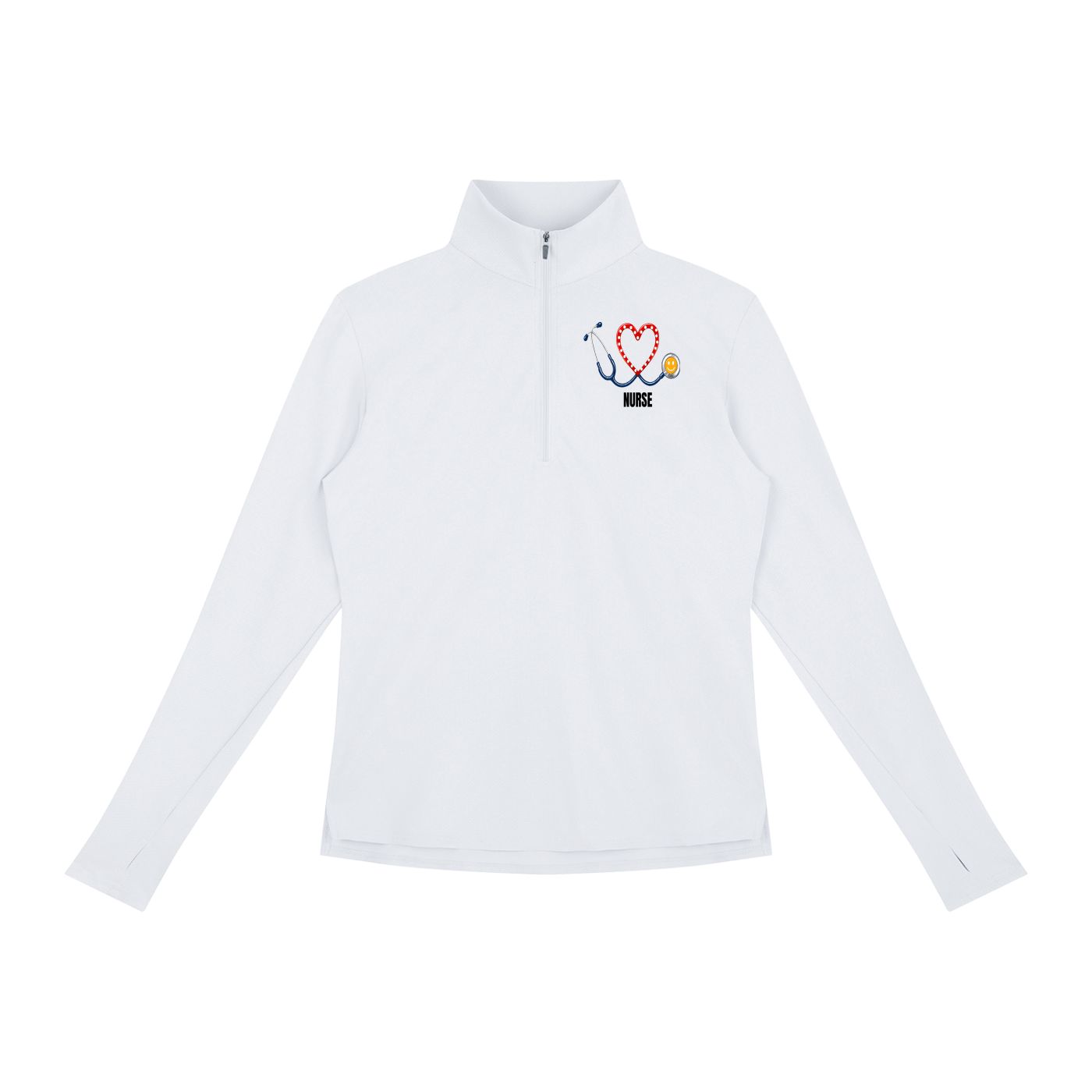 NURSE-RED HEART PULLOVER-NURSE logo Women's Quarter-Zip Yoga Pullover add some warmth to your scrubs. 4 colors-4 sizes in this light weight pullover to wear on those days you just need a little style while you work.