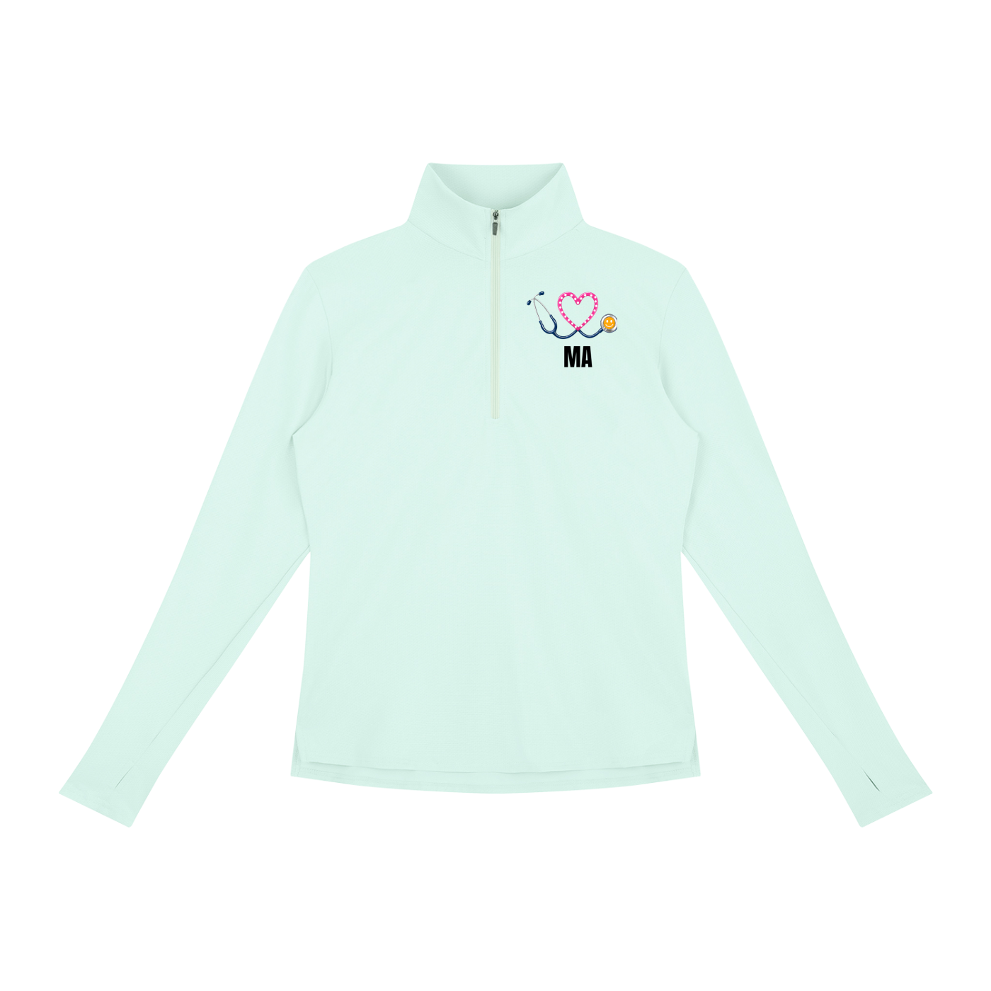 NURSE-MA-PINK HEART PULLOVER-MA logo Women's Quarter-Zip Yoga Pullover add some warmth to your scrubs. 4 colors-4 sizes in this light weight pullover to wear on those days you just need a little style while you work.
