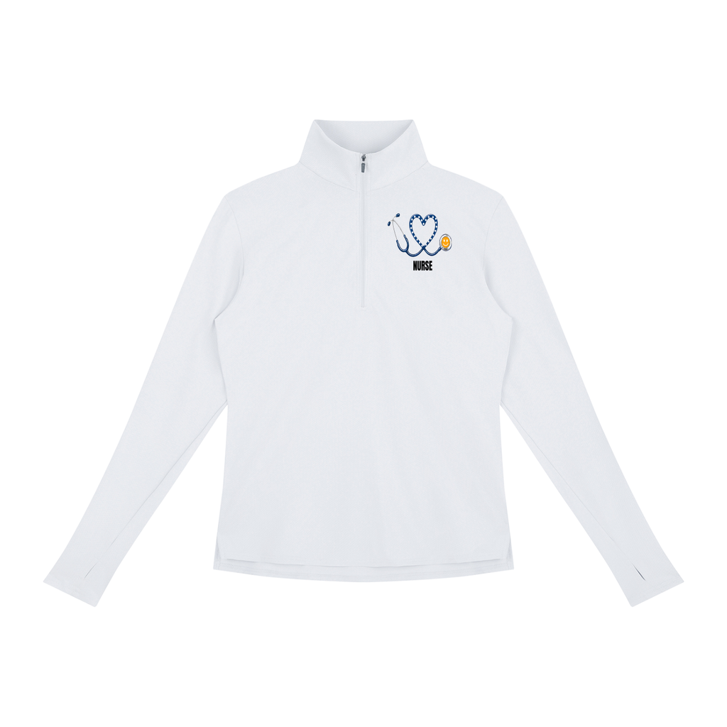 NURSE-BLUE HEART PULLOVER-NURSE logo Women's Quarter-Zip Yoga Pullover add some warmth to your scrubs. 4 colors-4 sizes in this light weight pullover to wear on those days you just need a little style while you work.