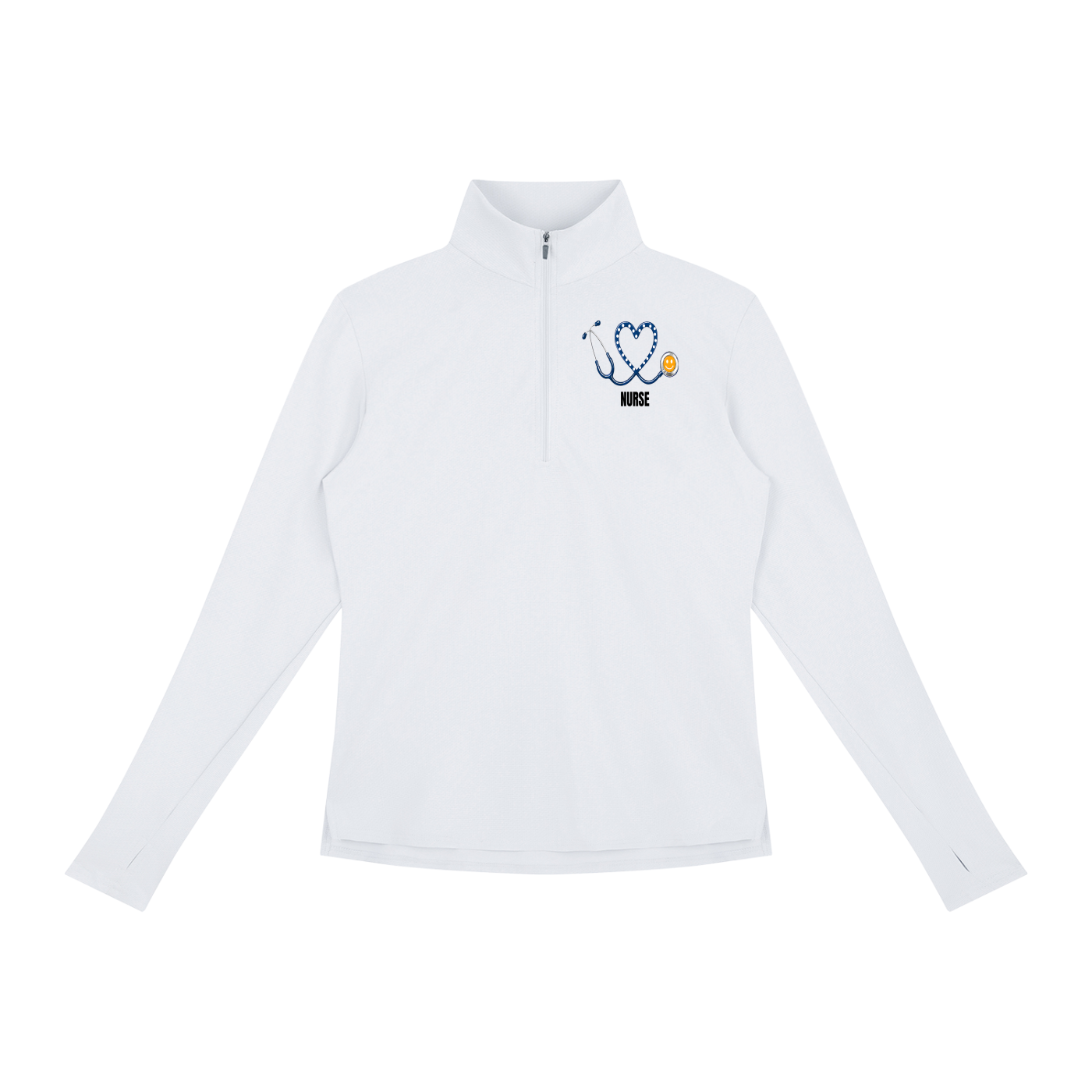NURSE-BLUE HEART PULLOVER-NURSE logo Women's Quarter-Zip Yoga Pullover add some warmth to your scrubs. 4 colors-4 sizes in this light weight pullover to wear on those days you just need a little style while you work.