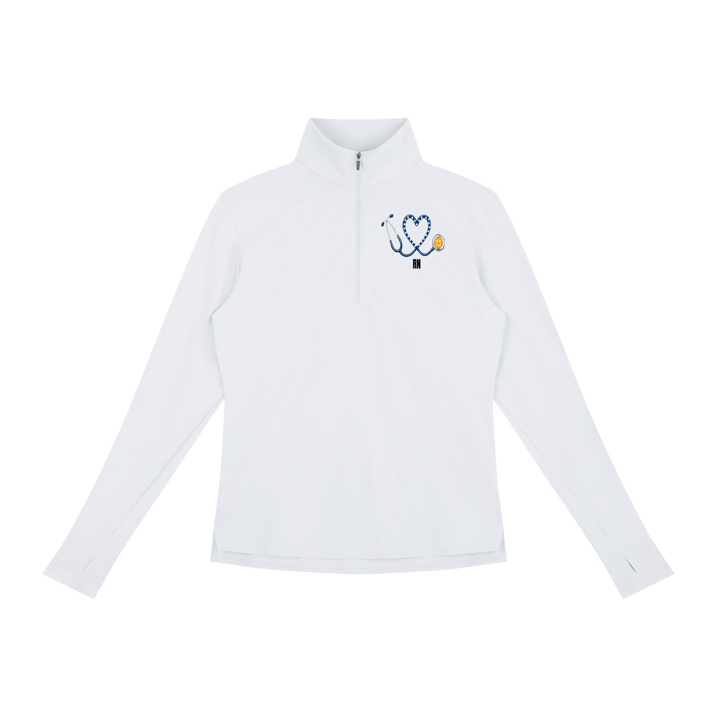 NURSE-RN-BLUE HEART PULLOVER-RN logo Women's Quarter-Zip Yoga Pullover add some warmth to your scrubs. 4 colors-4 sizes in this light weight pullover to wear on those days you just need a little style while you work.