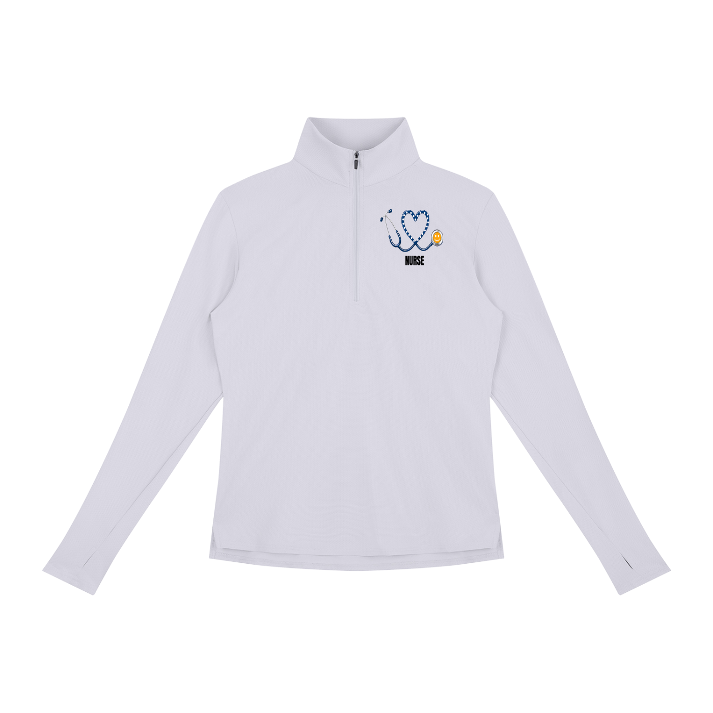 NURSE-BLUE HEART PULLOVER-NURSE logo Women's Quarter-Zip Yoga Pullover add some warmth to your scrubs. 4 colors-4 sizes in this light weight pullover to wear on those days you just need a little style while you work.