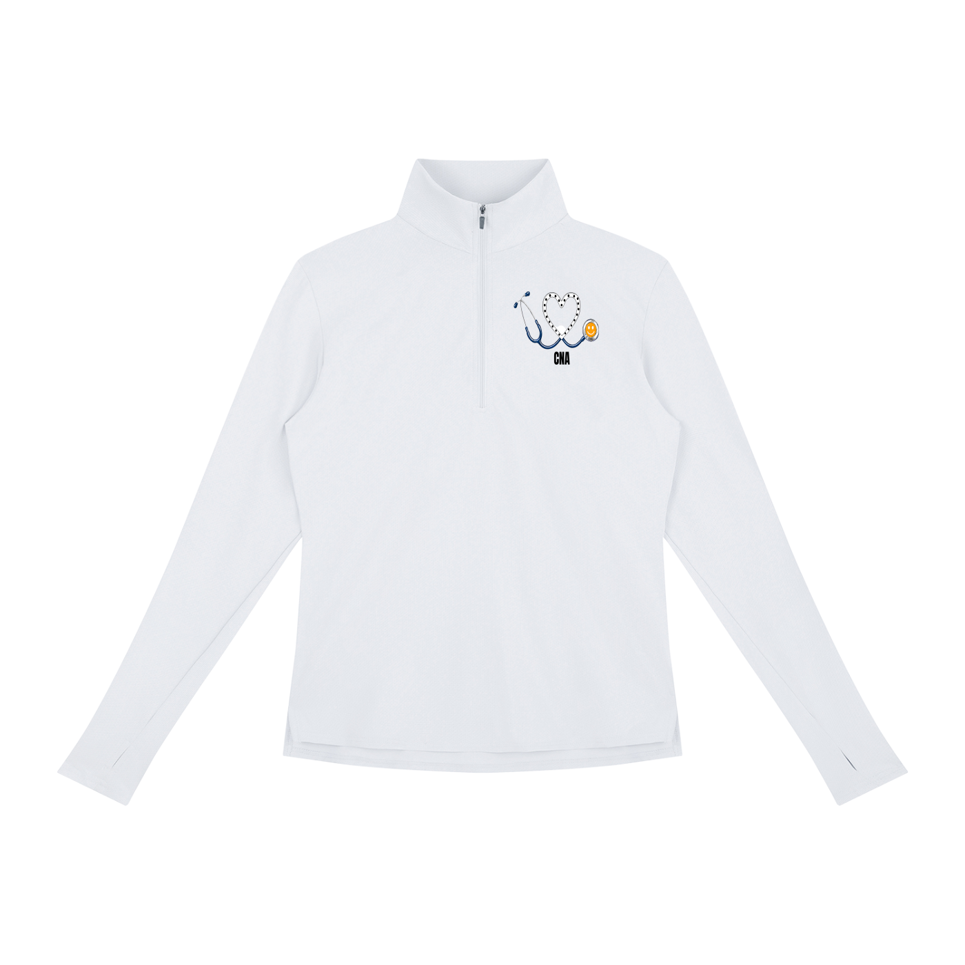 NURSE-CNA-WHITE HEART PULLOVER-CNA logo Women's Quarter-Zip Yoga Pullover add some warmth to your scrubs. 4 colors-4 sizes in this light weight pullover to wear on those days you just need a little style while you work.