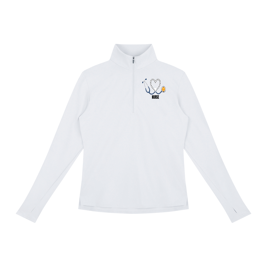 NURSE WHITE HEART PULLOVER-NURSE logo Women's Quarter-Zip Yoga Pullover add some warmth to your scrubs. 4 colors-4 sizes in this light weight pullover to wear on those days you just need a little style while you work.