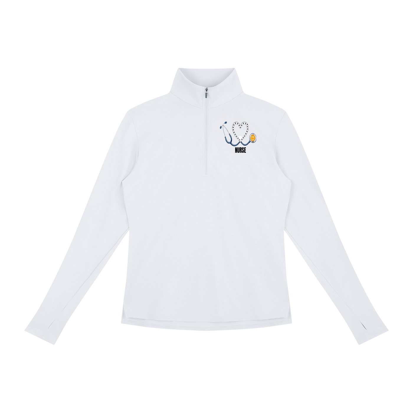 NURSE WHITE HEART PULLOVER-NURSE logo Women's Quarter-Zip Yoga Pullover add some warmth to your scrubs. 4 colors-4 sizes in this light weight pullover to wear on those days you just need a little style while you work.