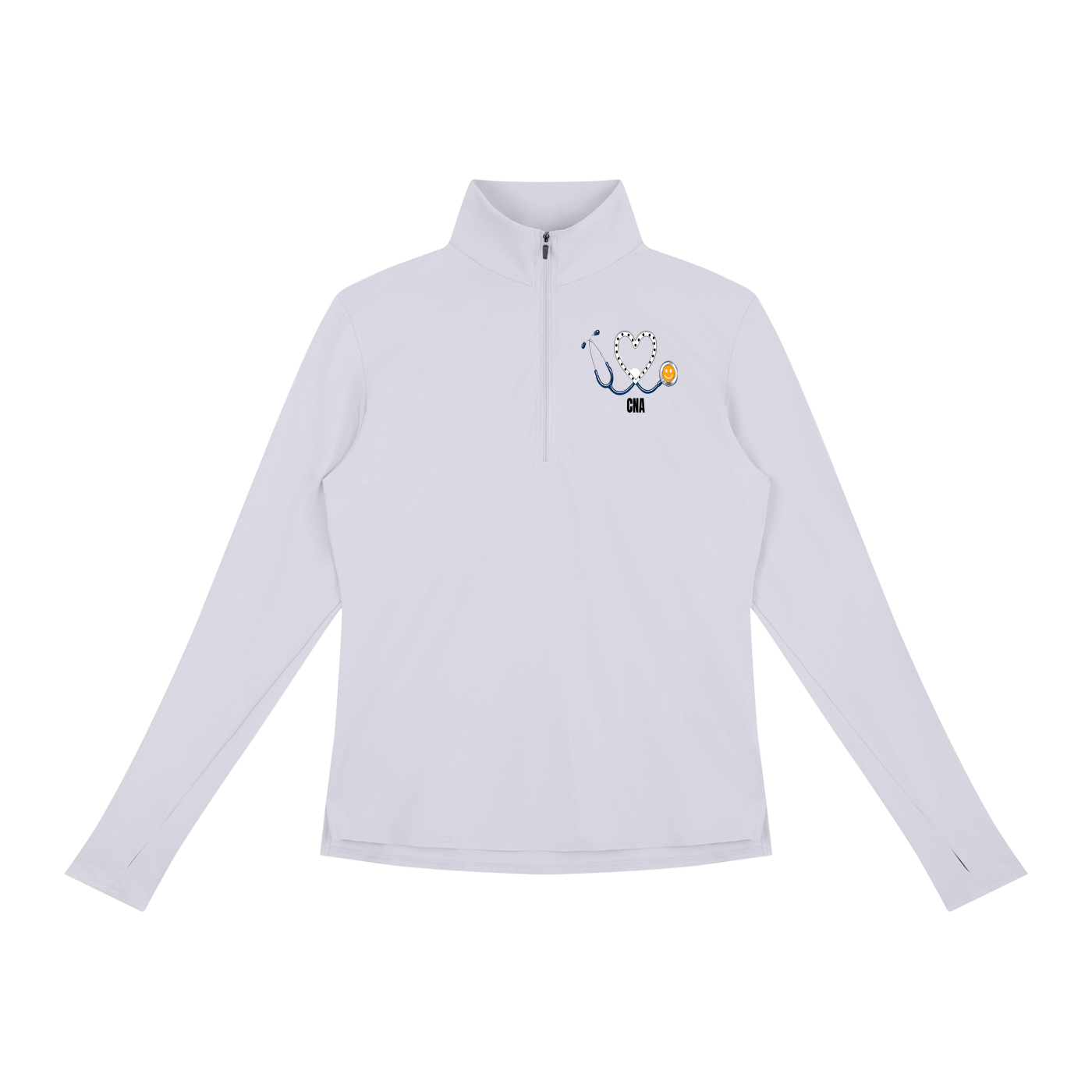 NURSE-CNA-WHITE HEART PULLOVER-CNA logo Women's Quarter-Zip Yoga Pullover add some warmth to your scrubs. 4 colors-4 sizes in this light weight pullover to wear on those days you just need a little style while you work.