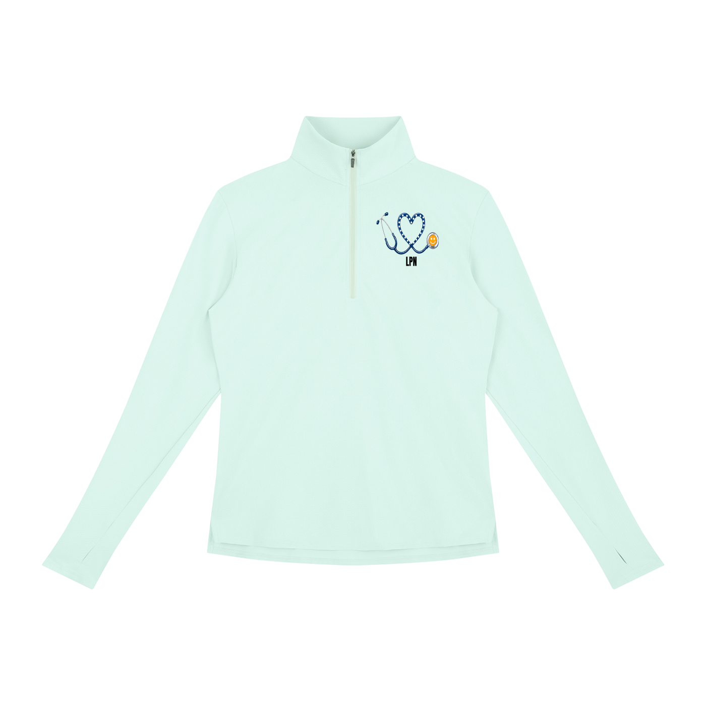 NURSE-LPN-BLUE HEART PULLOVER-LPN logo Women's Quarter-Zip Yoga Pullover add some warmth to your scrubs. 4 colors-4 sizes in this light weight pullover to wear on those days you just need a little style while you work.