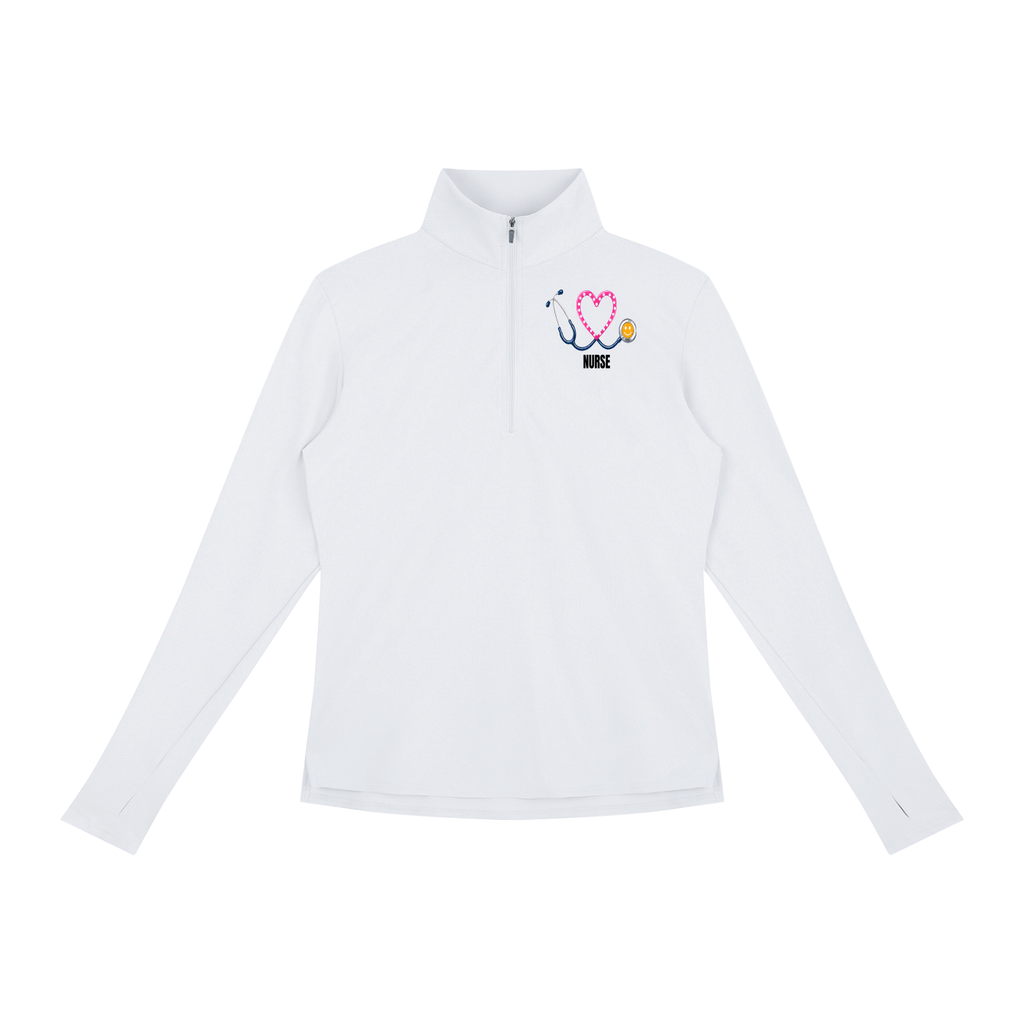 NURSE-PINK HEART PULLOVER-NURSE logo Women's Quarter-Zip Yoga Pullover add some warmth to your scrubs. 4 colors-4 sizes in this light weight pullover to wear on those days you just need a little style while you work.