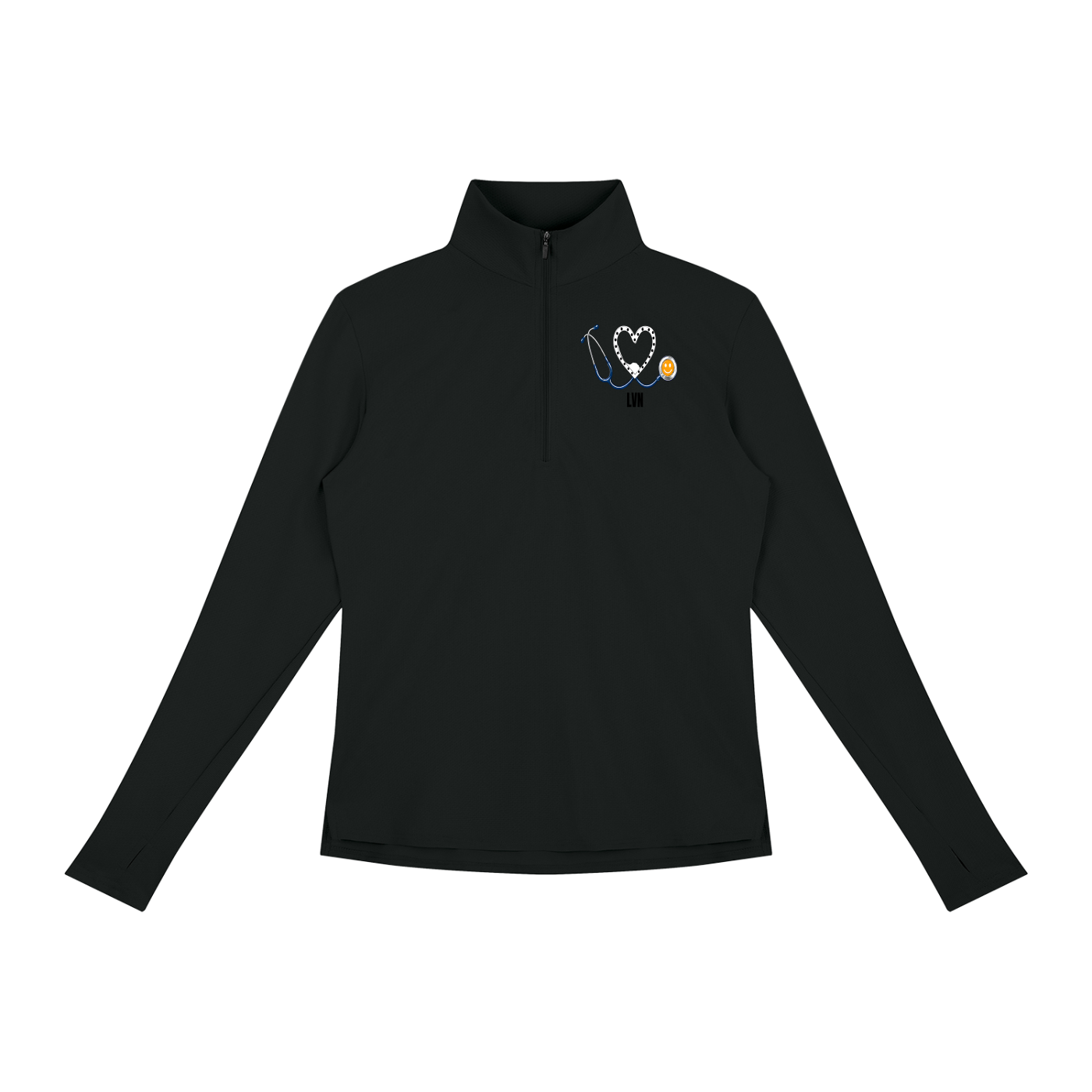 NURSE-LVN-WHITE HEART PULLOVER-LVN logo Women's Quarter-Zip Yoga Pullover add some warmth to your scrubs. 4 colors-4 sizes in this light weight pullover to wear on those days you just need a little style while you work.
