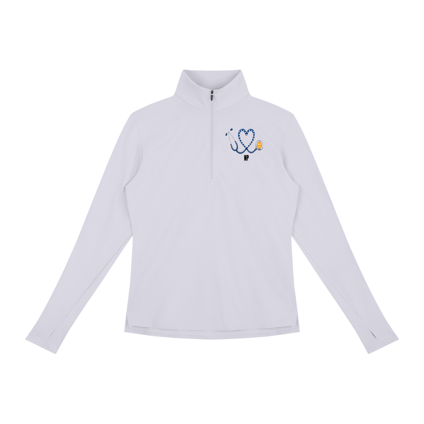 NURSE-NP-BLUE HEART PULLOVER-NP logo Women's Quarter-Zip Yoga Pullover add some warmth to your scrubs. 4 colors-4 sizes in this light weight pullover to wear on those days you just need a little style while you work.