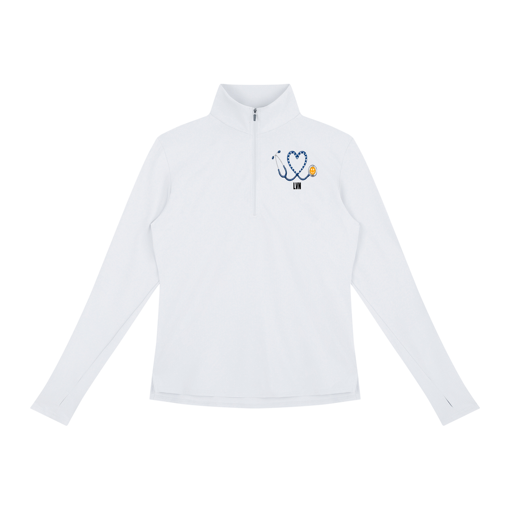 NURSE-NP-BLUE HEART PULLOVER-NP logo Women's Quarter-Zip Yoga Pullover add some warmth to your scrubs. 4 colors-4 sizes in this light weight pullover to wear on those days you just need a little style while you work.