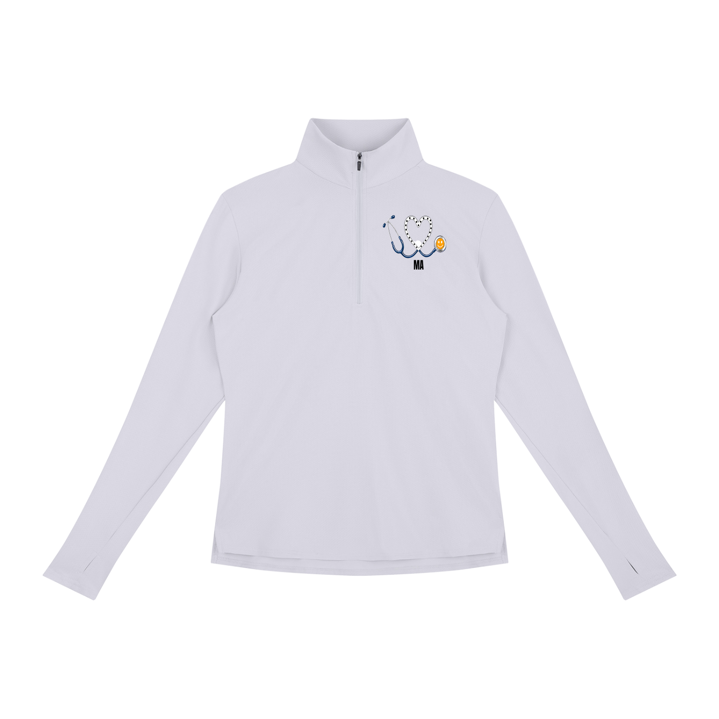 NURSE-MA-WHITE HEART PULLOVER-MA logo Women's Quarter-Zip Yoga Pullover add some warmth to your scrubs. 4 colors-4 sizes in this light weight pullover to wear on those days you just need a little style while you work.