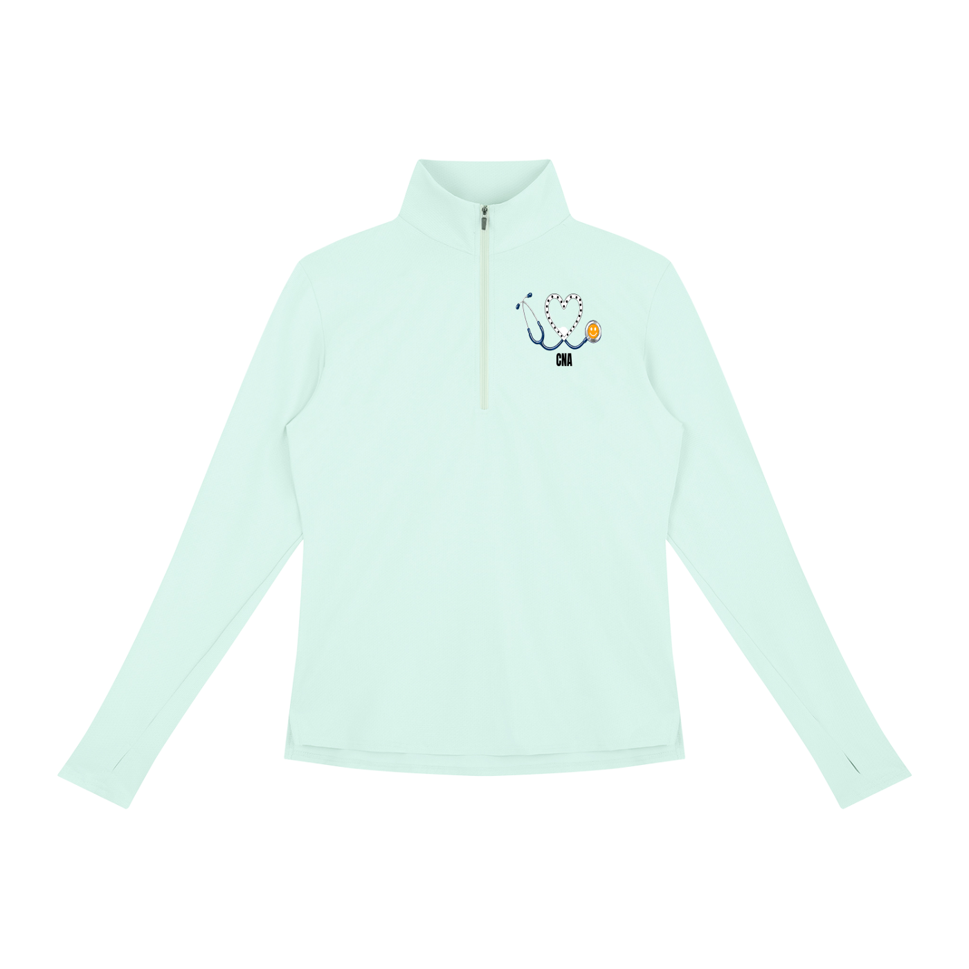 NURSE-CNA-WHITE HEART PULLOVER-CNA logo Women's Quarter-Zip Yoga Pullover add some warmth to your scrubs. 4 colors-4 sizes in this light weight pullover to wear on those days you just need a little style while you work.
