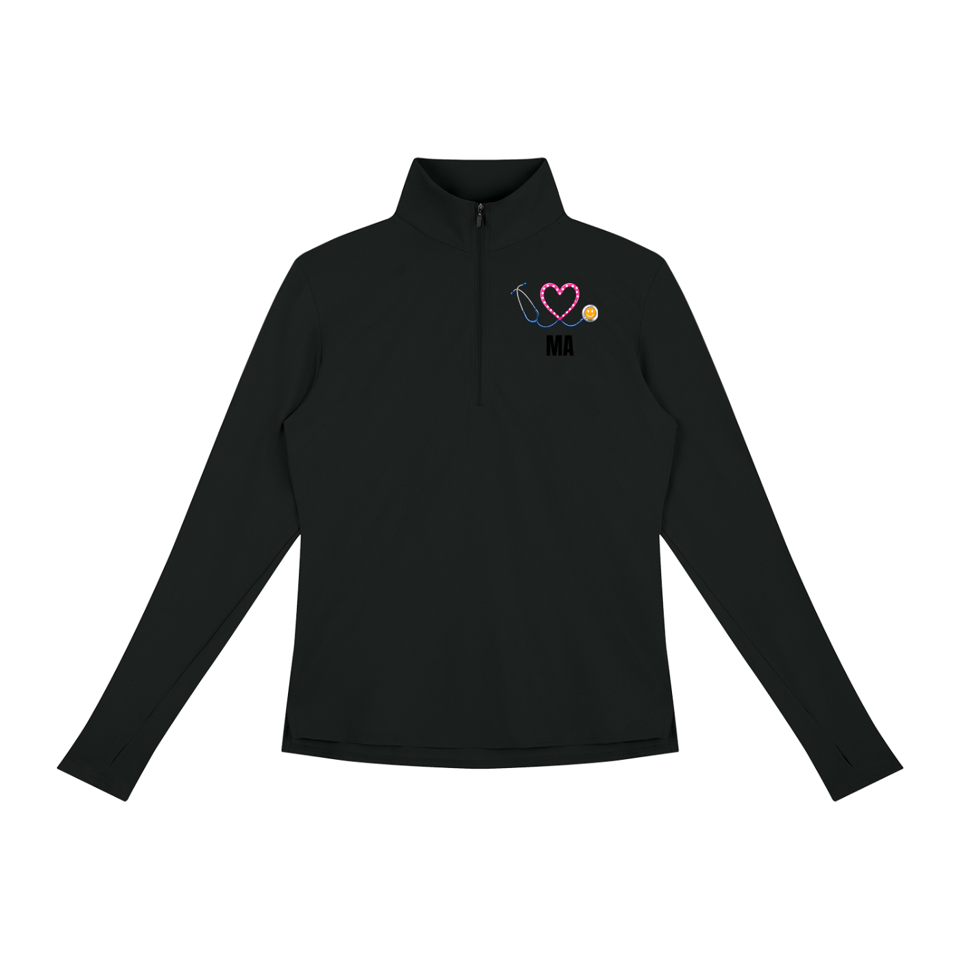 NURSE-MA-PINK HEART PULLOVER-MA logo Women's Quarter-Zip Yoga Pullover add some warmth to your scrubs. 4 colors-4 sizes in this light weight pullover to wear on those days you just need a little style while you work.